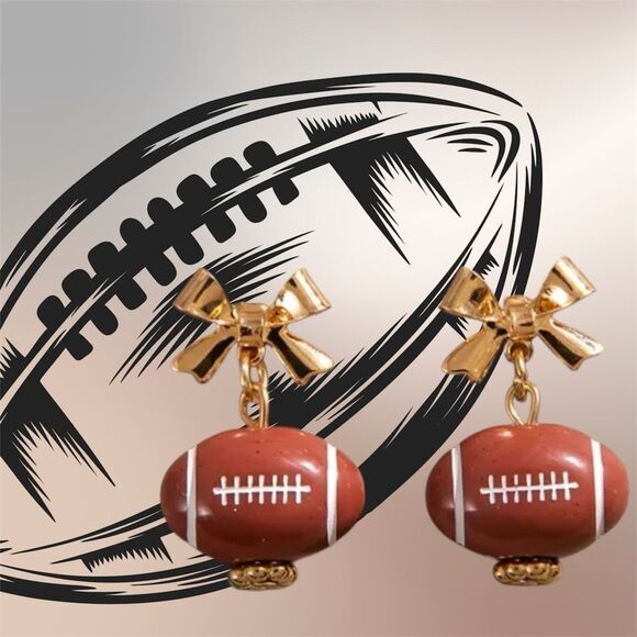 NWT Unique Vintage Style Brown Football Golden Bow Drop Earrings - Picture 6 of 6